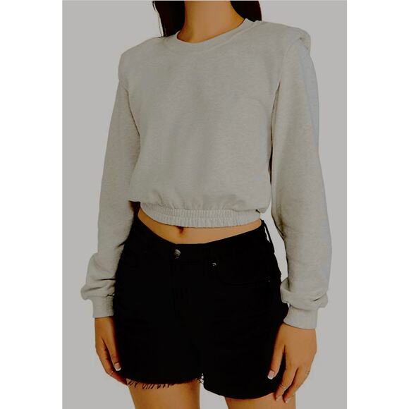 Blank NYC Shoulder Pad Sweatshirt Cropped V-neck Pullover Strong Shoulder Top, M - Picture 2 of 9